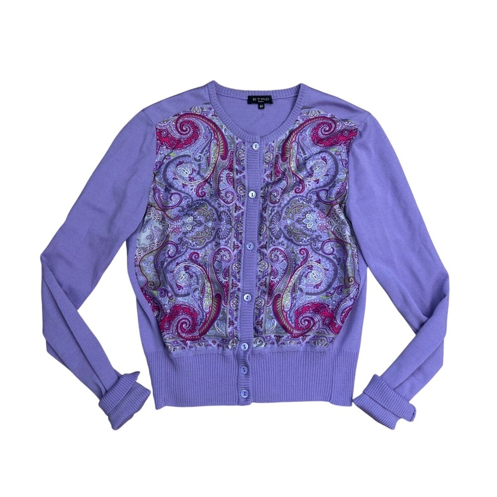 Etro Milano Lavender Purple Paisley Silk Wool Cardigan Sweater 46 Vintage preppy